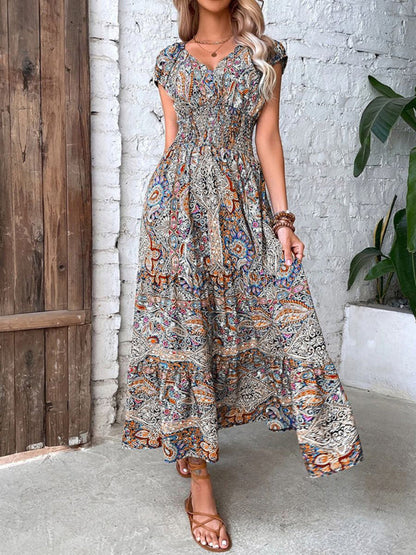 Maxi Dresses- Boho Women's Floral Maxi Dress with Smocked Waist- Purplish red- IndioGear Fashion and Gear