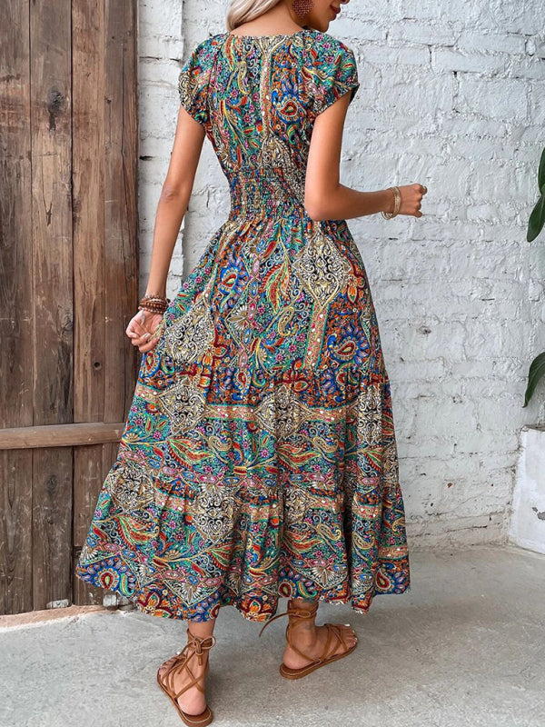 Maxi Dresses- Boho Women's Floral Maxi Dress with Smocked Waist- - IndioGear Fashion and Gear