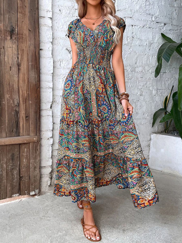 Maxi Dresses- Boho Women's Floral Maxi Dress with Smocked Waist- Green- IndioGear Fashion and Gear