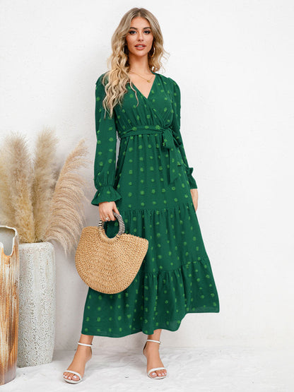 Maxi Dresses- Casual Swiss Dot Tie-Waist Maxi Midi Dress with Long Sleeves- Green- IndioGear Clothing and Gear