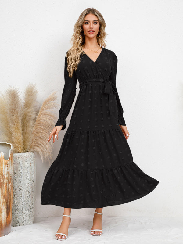 Maxi Dresses- Casual Swiss Dot Tie-Waist Maxi Midi Dress with Long Sleeves- Black- IndioGear Clothing and Gear