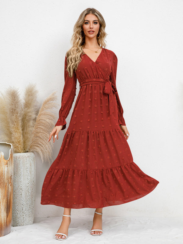 Maxi Dresses- Casual Swiss Dot Tie-Waist Maxi Midi Dress with Long Sleeves- - IndioGear Clothing and Gear