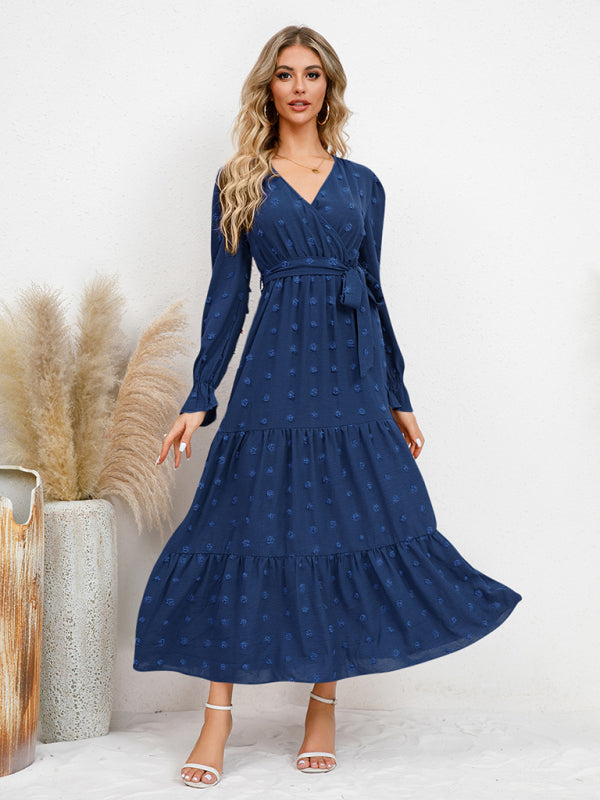 Maxi Dresses- Casual Swiss Dot Tie-Waist Maxi Midi Dress with Long Sleeves- - IndioGear Clothing and Gear