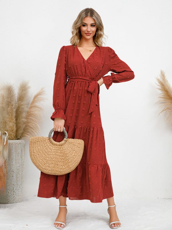 Maxi Dresses- Casual Swiss Dot Tie-Waist Maxi Midi Dress with Long Sleeves- - IndioGear Clothing and Gear