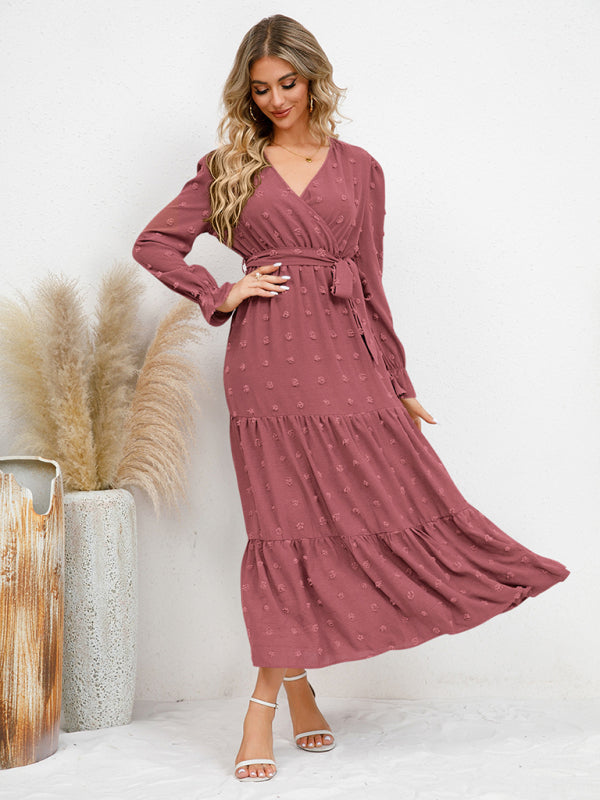 Maxi Dresses- Casual Swiss Dot Tie-Waist Maxi Midi Dress with Long Sleeves- - IndioGear Clothing and Gear