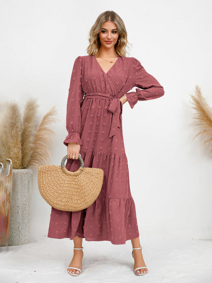 Maxi Dresses- Casual Swiss Dot Tie-Waist Maxi Midi Dress with Long Sleeves- - IndioGear Clothing and Gear