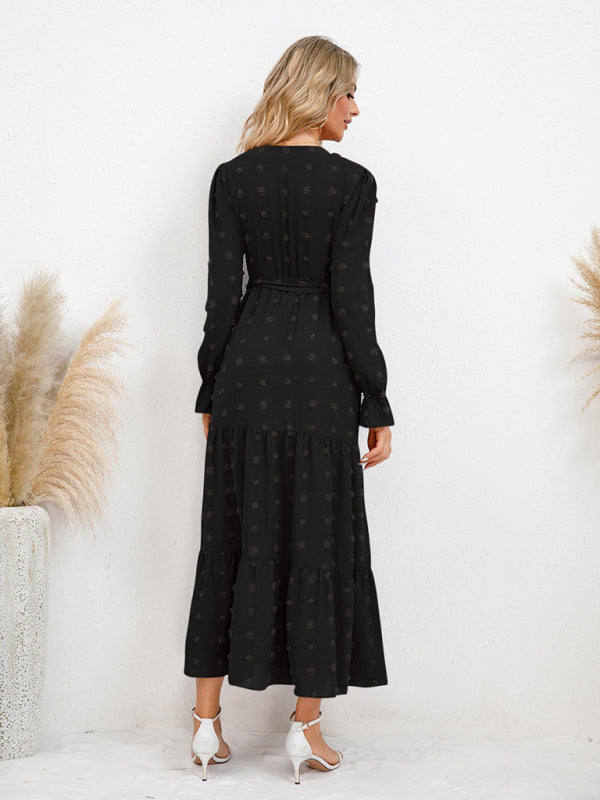 Maxi Dresses- Casual Swiss Dot Tie-Waist Maxi Midi Dress with Long Sleeves- - IndioGear Clothing and Gear