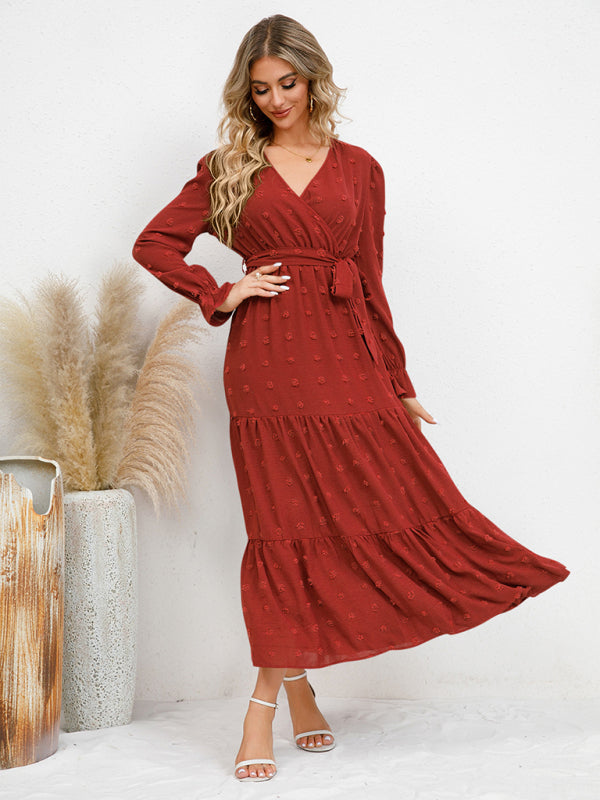 Maxi Dresses- Casual Swiss Dot Tie-Waist Maxi Midi Dress with Long Sleeves- - IndioGear Clothing and Gear