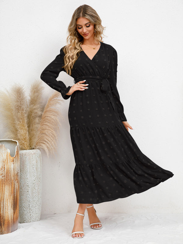 Maxi Dresses- Casual Swiss Dot Tie-Waist Maxi Midi Dress with Long Sleeves- - IndioGear Clothing and Gear