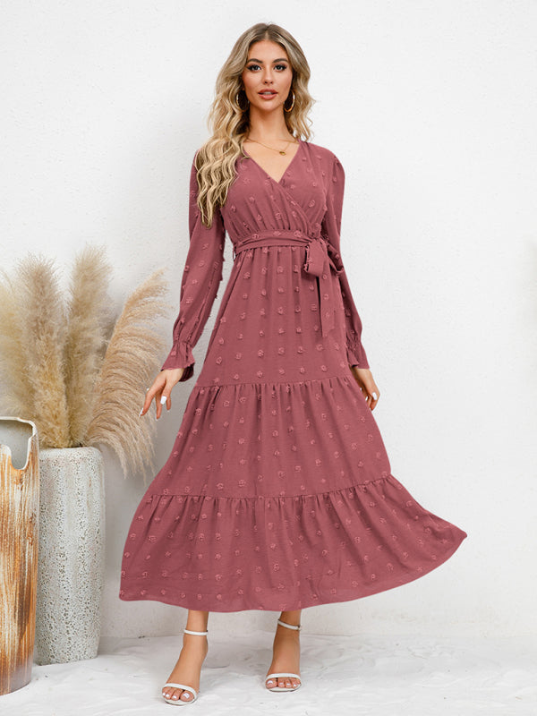 Maxi Dresses- Casual Swiss Dot Tie-Waist Maxi Midi Dress with Long Sleeves- Pink- IndioGear Clothing and Gear