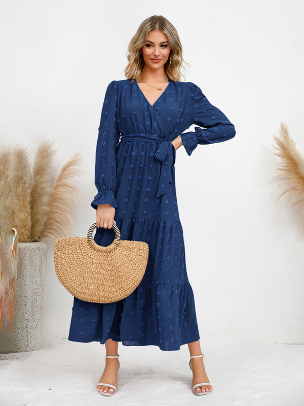 Maxi Dresses- Casual Swiss Dot Tie-Waist Maxi Midi Dress with Long Sleeves- - IndioGear Clothing and Gear