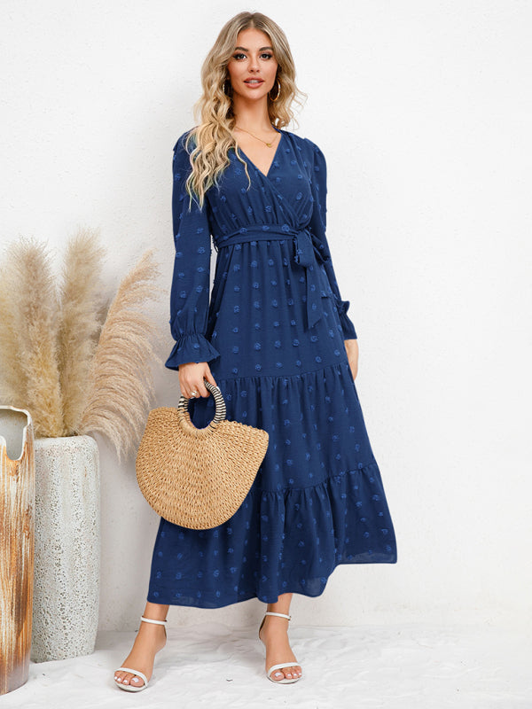 Maxi Dresses- Casual Swiss Dot Tie-Waist Maxi Midi Dress with Long Sleeves- Blue- IndioGear Clothing and Gear