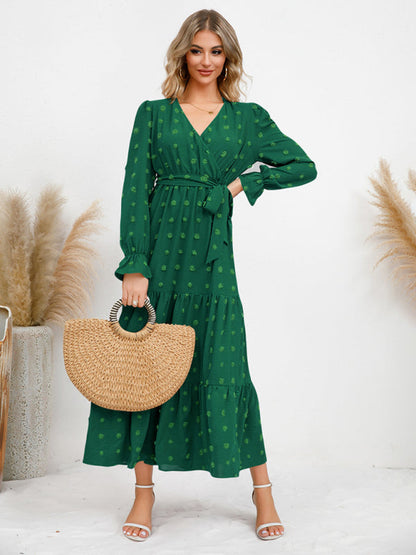 Maxi Dresses- Casual Swiss Dot Tie-Waist Maxi Midi Dress with Long Sleeves- - IndioGear Clothing and Gear