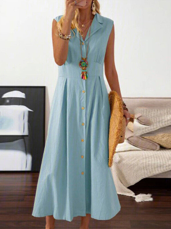 Maxi Dresses- Cotton Linen Collar Button-Up Maxi Midi Shirt Dress- Sky blue- IndioGear Fashion and Gear