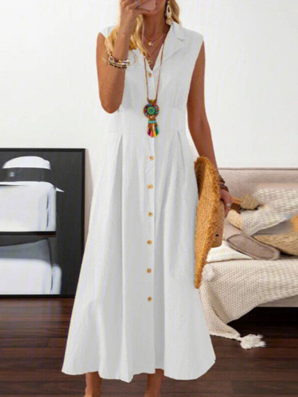 Maxi Dresses- Cotton Linen Collar Button-Up Maxi Midi Shirt Dress- White- IndioGear Fashion and Gear