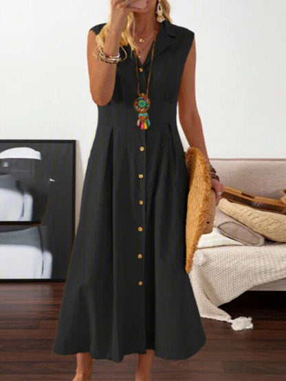 Maxi Dresses- Cotton Linen Collar Button-Up Maxi Midi Shirt Dress- Black- IndioGear Fashion and Gear