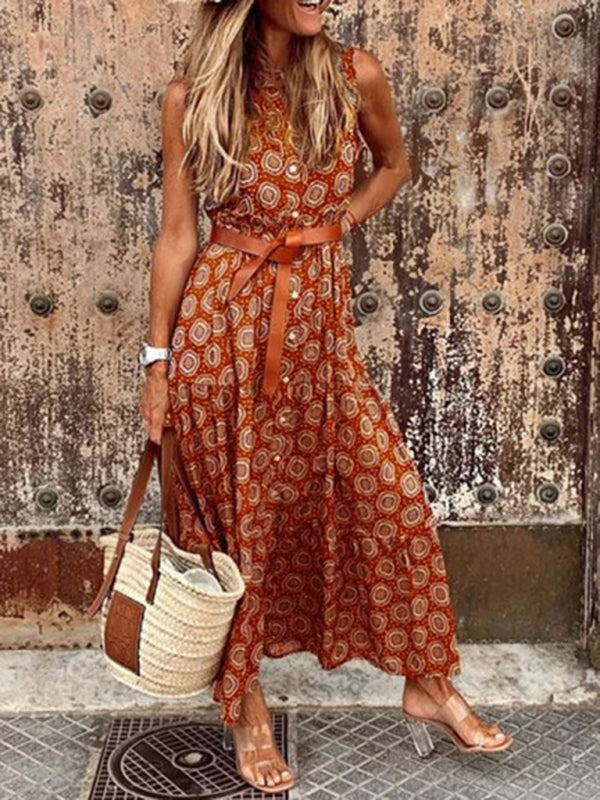 Maxi Dresses- Cotton Tank Shirt Maxi Dress: Button Down & Belt Tie For Any Occasion- Orange- IndioGear Fashion and Gear