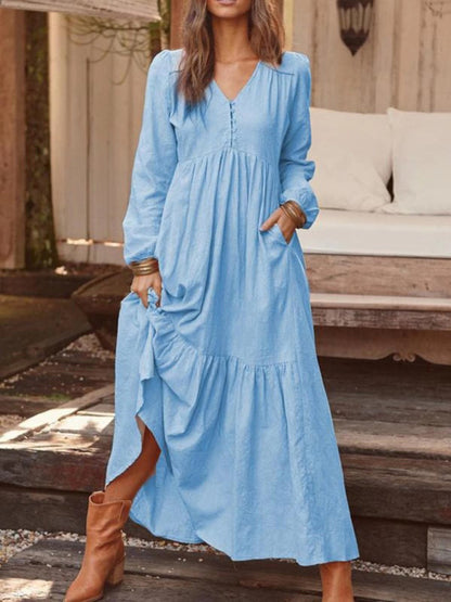 Maxi Dresses- Cotton Tunic Ruffle Long Sleeve Maxi Dress- - IndioGear Fashion and Gear