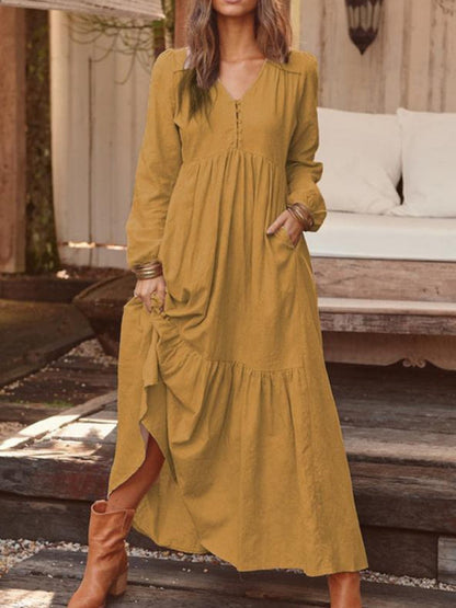 Maxi Dresses- Cotton Tunic Ruffle Long Sleeve Maxi Dress- - IndioGear Fashion and Gear