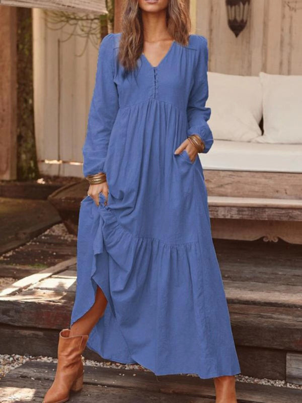 Maxi Dresses- Cotton Tunic Ruffle Long Sleeve Maxi Dress- - IndioGear Fashion and Gear