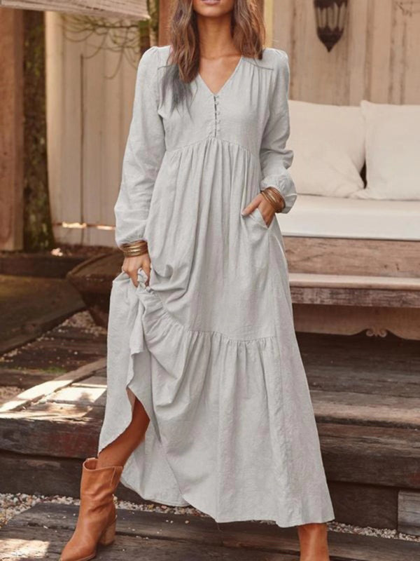 Maxi Dresses- Cotton Tunic Ruffle Long Sleeve Maxi Dress- Misty grey- IndioGear Fashion and Gear