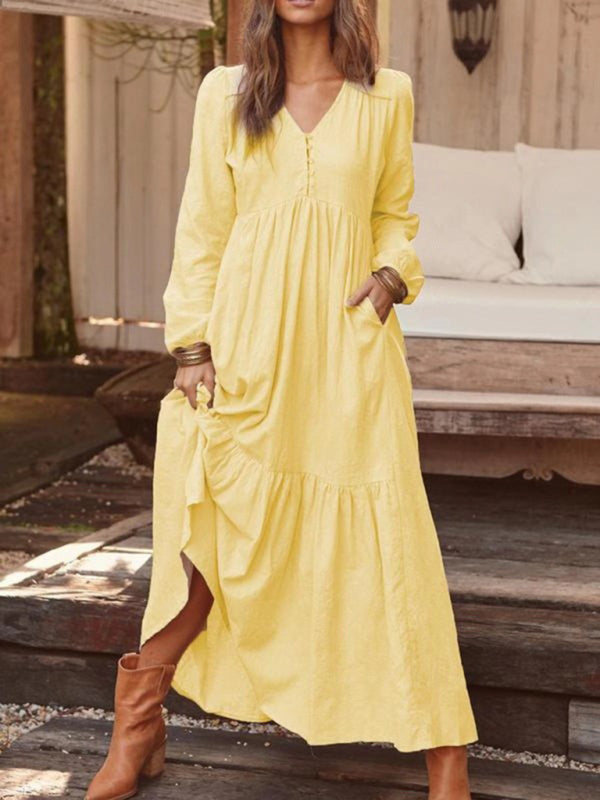 Maxi Dresses- Cotton Tunic Ruffle Long Sleeve Maxi Dress- Yellow- IndioGear Fashion and Gear