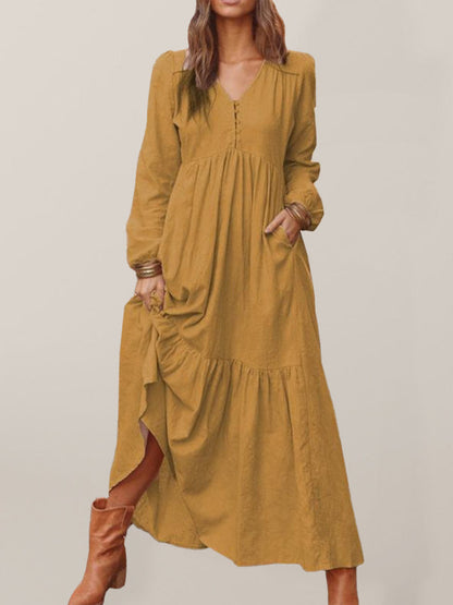 Maxi Dresses- Cotton Tunic Ruffle Long Sleeve Maxi Dress- Brown- IndioGear Fashion and Gear