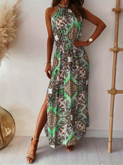 Maxi Dresses- Discover Boho Bliss: Women's Paisley Halter Neck Maxi Dress- Green- IndioGear Fashion and Gear