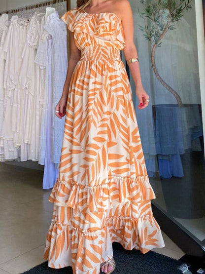 Maxi Dresses- Elegant Floral Ruffle Tiered One Shoulder Maxi Dress- Orange- IndioGear Fashion and Gear