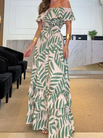 Maxi Dresses- Elegant Floral Ruffle Tiered One Shoulder Maxi Dress- Green- IndioGear Fashion and Gear