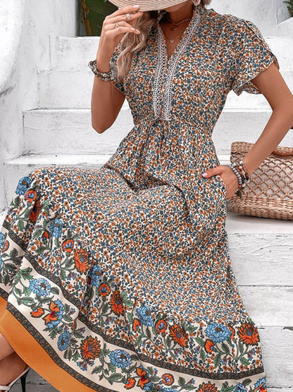 Maxi Dresses- Fashion Update: Women's Floral Maxi Dress with V Neck & Pockets- - IndioGear Fashion and Gear