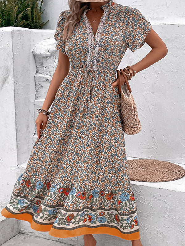 Maxi Dresses- Fashion Update: Women's Floral Maxi Dress with V Neck & Pockets- Khaki- IndioGear Fashion and Gear