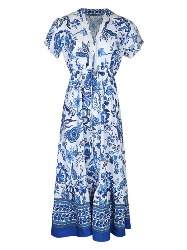 Maxi Dresses- Floral Blue Maxi Midi Dress: V Neck, A-Line Tiered & Petal Sleeve- - IndioGear Fashion and Gear