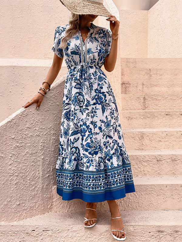 Maxi Dresses- Floral Blue Maxi Midi Dress: V Neck, A-Line Tiered & Petal Sleeve- - IndioGear Fashion and Gear