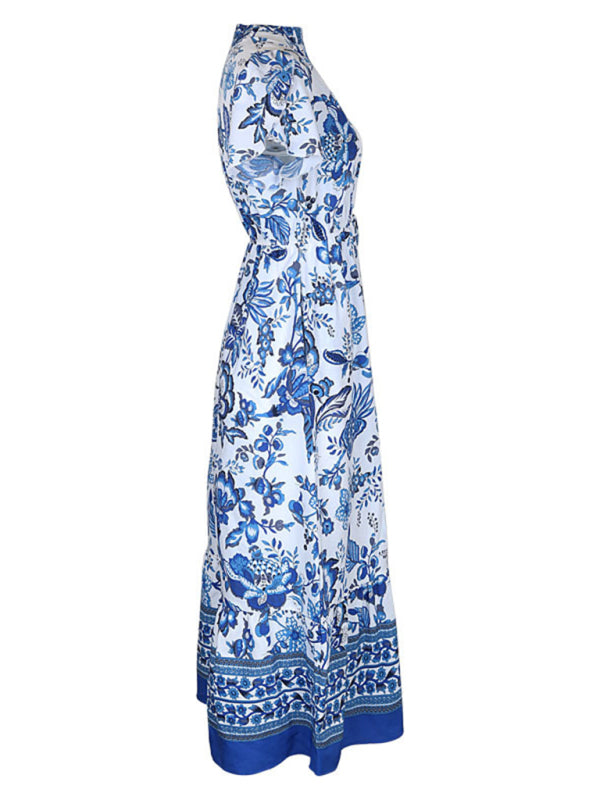 Maxi Dresses- Floral Blue Maxi Midi Dress: V Neck, A-Line Tiered & Petal Sleeve- - IndioGear Fashion and Gear