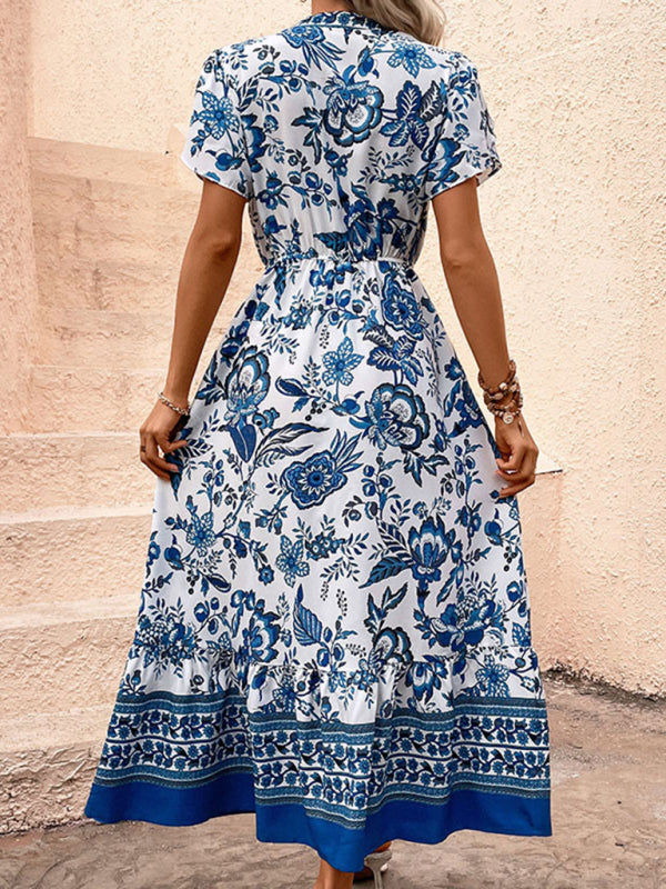 Maxi Dresses- Floral Blue Maxi Midi Dress: V Neck, A-Line Tiered & Petal Sleeve- - IndioGear Fashion and Gear