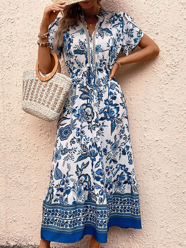 Maxi Dresses- Floral Blue Maxi Midi Dress: V Neck, A-Line Tiered & Petal Sleeve- Blue- IndioGear Fashion and Gear