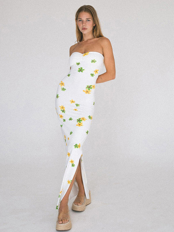 Maxi Dresses- Floral Print Bodycon Tube Maxi Dress- - IndioGear Fashion and Gear