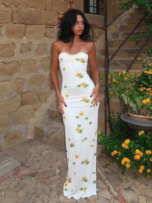 Maxi Dresses- Floral Print Bodycon Tube Maxi Dress- White- IndioGear Fashion and Gear