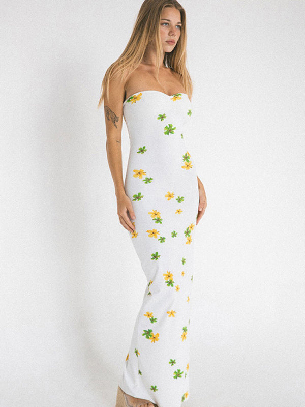 Maxi Dresses- Floral Print Bodycon Tube Maxi Dress- - IndioGear Fashion and Gear