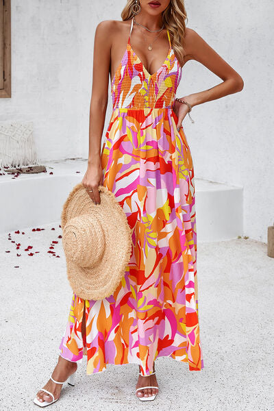 Maxi Dresses- Floral Tie-Back Smocked A-Line Cami Maxi Dress with Slit Side- - IndioGear Fashion and Gear