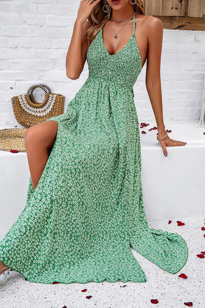 Maxi Dresses- Floral Tie-Back Smocked A-Line Cami Maxi Dress with Slit Side- - IndioGear Fashion and Gear