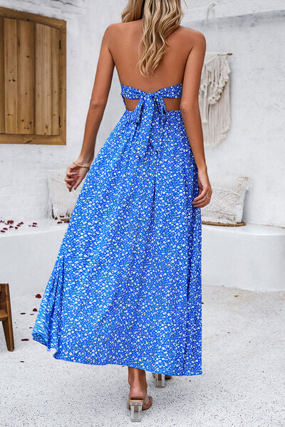 Maxi Dresses- Floral Tie-Back Smocked A-Line Cami Maxi Dress with Slit Side- - IndioGear Fashion and Gear