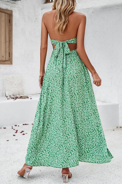 Maxi Dresses- Floral Tie-Back Smocked A-Line Cami Maxi Dress with Slit Side- - IndioGear Fashion and Gear