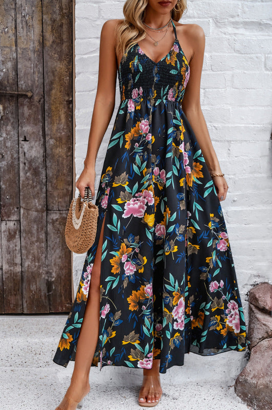 Maxi Dresses- Floral Tie-Back Smocked A-Line Cami Maxi Dress with Slit Side- Black- IndioGear Fashion and Gear