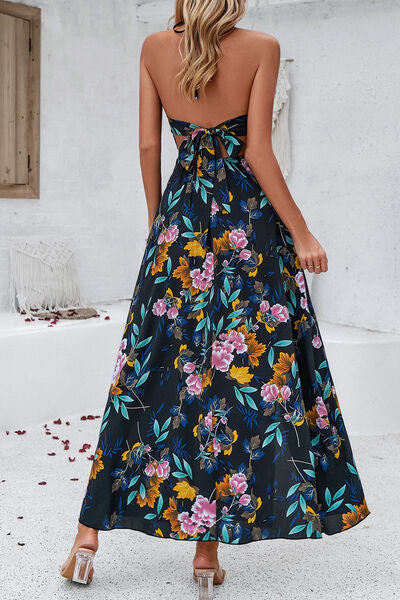 Maxi Dresses- Floral Tie-Back Smocked A-Line Cami Maxi Dress with Slit Side- - IndioGear Fashion and Gear