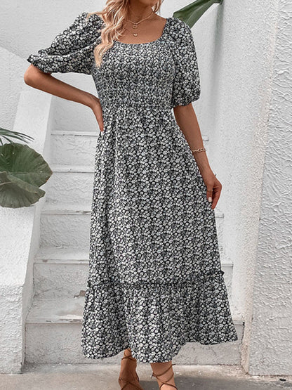 Maxi Dresses- Lace-Up Back Floral Maxi Dress for Summer- - IndioGear Fashion and Gear