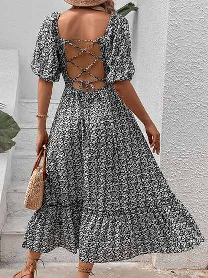 Maxi Dresses- Lace-Up Back Floral Maxi Dress for Summer- - IndioGear Fashion and Gear