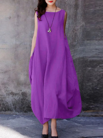 Maxi Dresses- Loose Maxi Dress: Casual Tank Style with Pockets for Everyday Chic- Purple- IndioGear Fashion and Gear