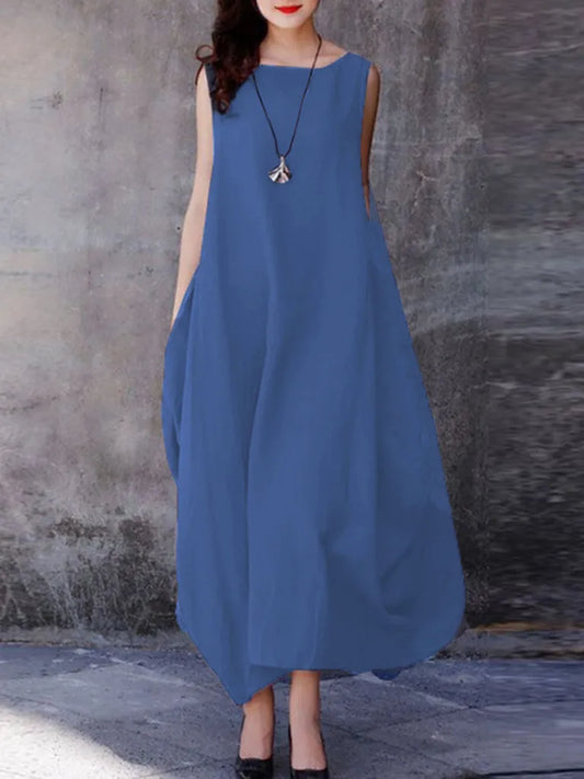 Maxi Dresses- Loose Maxi Dress: Casual Tank Style with Pockets for Everyday Chic- Blue- IndioGear Fashion and Gear